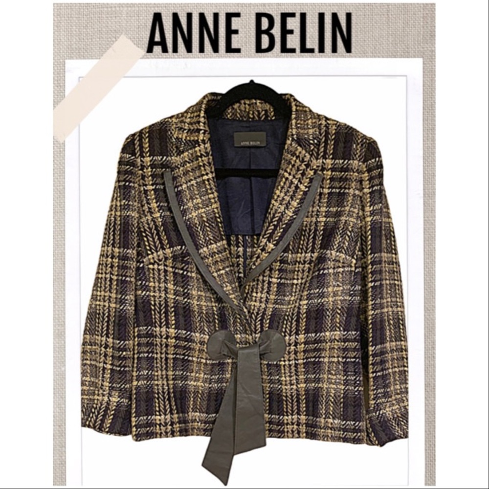 Anne Belin Blazer Vintage retro plaid tweed & leather blazer Bow Tie Size 12
